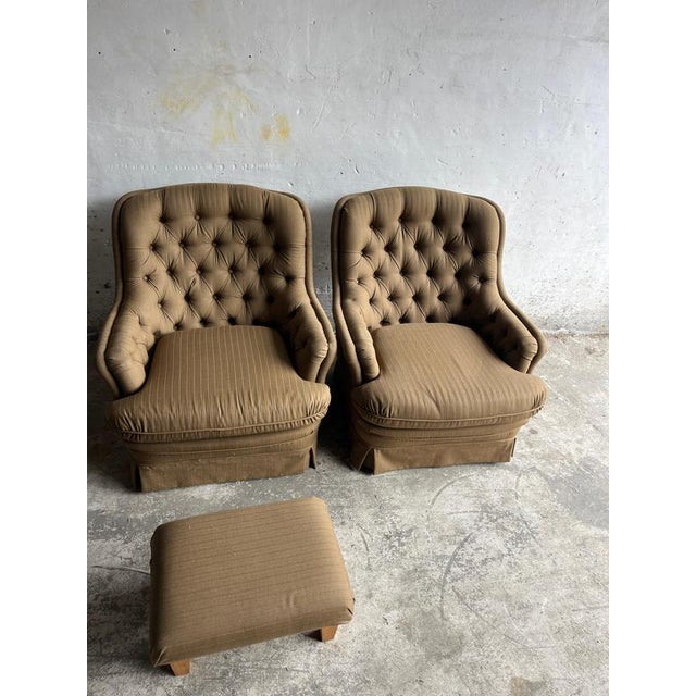 Textile Tufted Lounge Chairs with Ottoman, 1970s, Set of 3 For Sale - Image 7 of 9