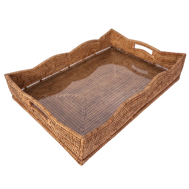 Boho Chic Artifacts Rattan Scallop Rectangular Tray with Glass Insert in Brown For Sale - Image 3 of 3