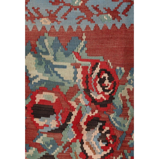 Vintage Mid-Century Bessarabian Kilim Red Floral Flat Weave Rug Room Size For Sale In New York - Image 6 of 12