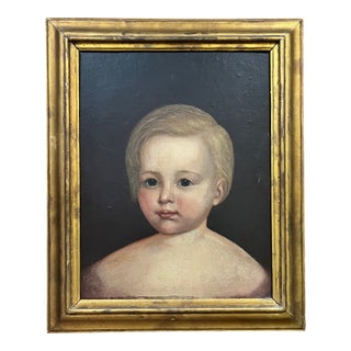 Antique 18th Century English George III Primitive Folk Art Oil Painting - Portrait of a Young Boy in Gilt Wood Frame Circa 1790 For Sale