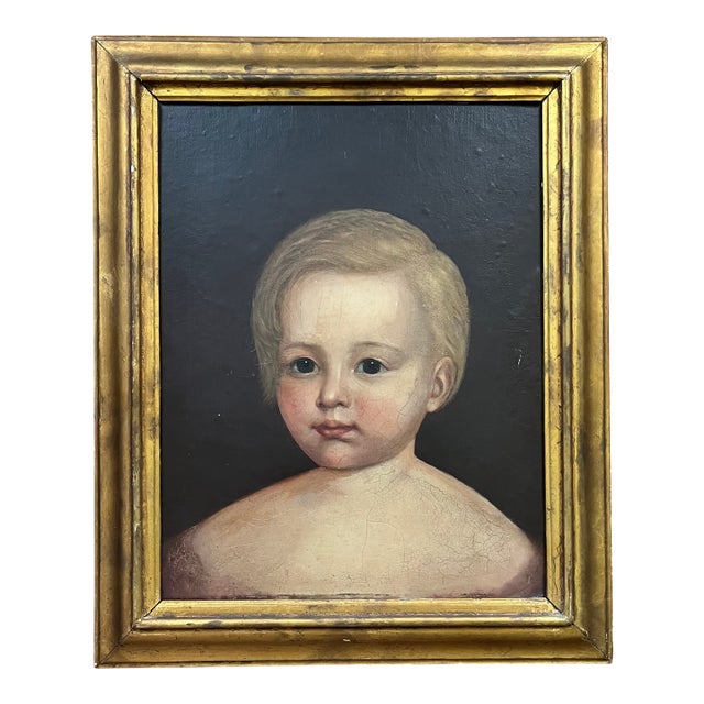 Antique 18th Century English George III Primitive Folk Art Oil Painting - Portrait of a Young Boy in Gilt Wood Frame Circa 1790 For Sale