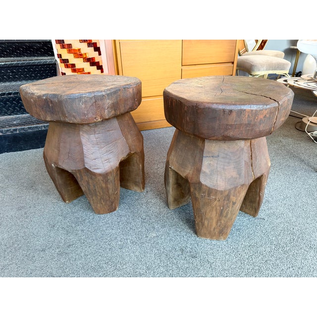 Mid-Century Modern Pair of Brutalist Massive Wood Mushroom Stools. Italy, 1960s For Sale - Image 10 of 13