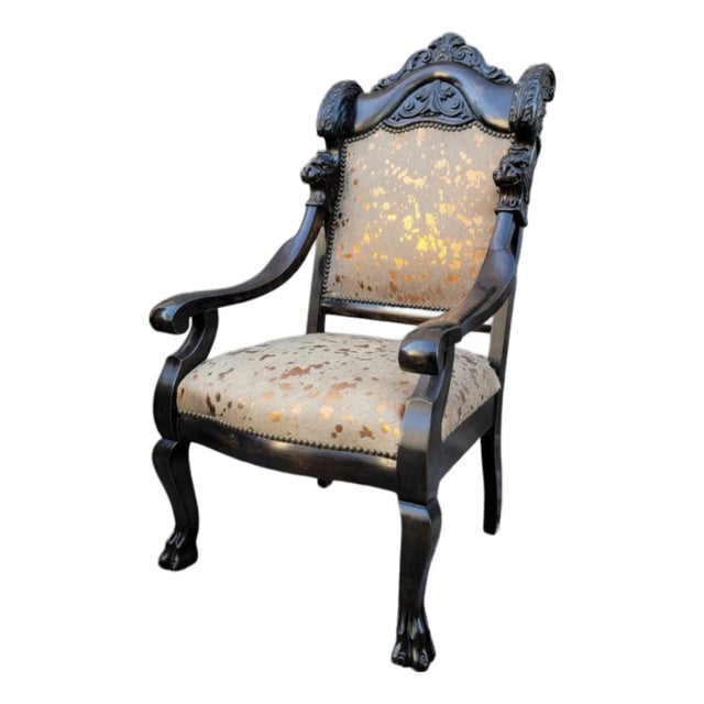 Antique French Baroque Carved Mahogany Fireside Throne Chair Newly Reupholstered in Cowhide For Sale