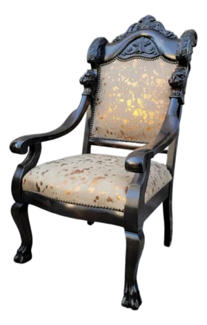 Antique French Baroque Carved Mahogany Fireside Throne Chair Newly Reupholstered in Cowhide