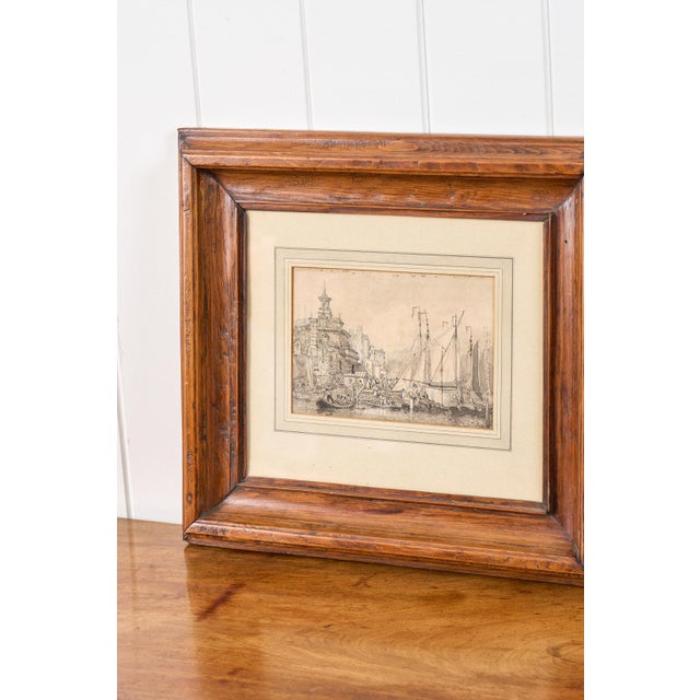 English Original 19th Century Gauche + Watercolor Harbor Scene in Chunky Oak Frame For Sale - Image 3 of 8