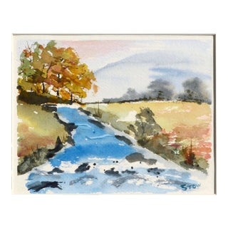 Stow Stream in Autumn Watercolor Landscape 1980s For Sale