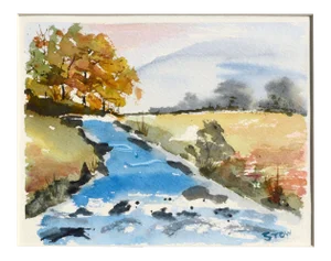 Stow Stream in Autumn Watercolor Landscape 1980s