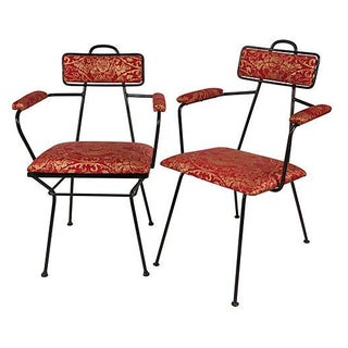 French Iron & Schumacher Silk Armchairs- A Pair For Sale