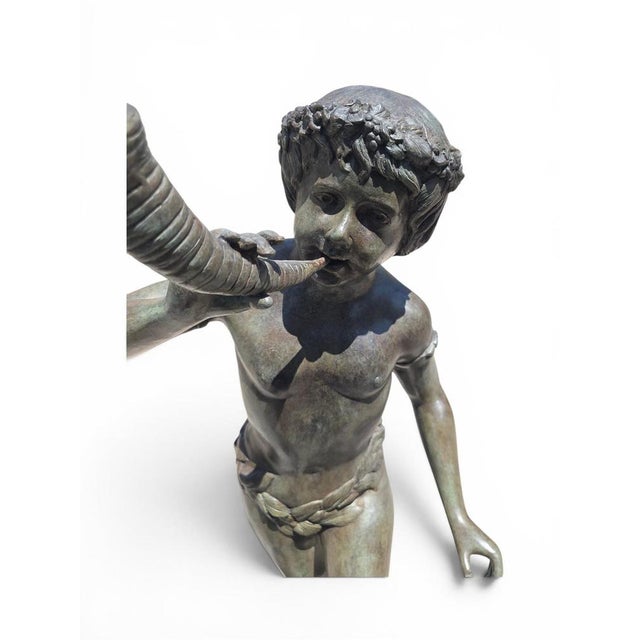 Metal Italian Artist, Large Patinated Sculpture of a Boy Blowing a Horn, Early 20th Century, Bronze For Sale - Image 7 of 9