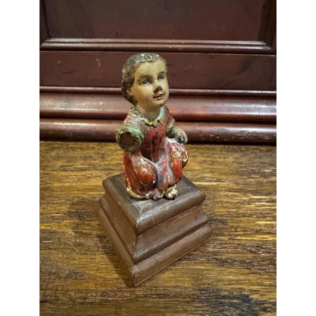 Wood 18th Century Polychromed Wooden Santos Sculpture- Christ Child Holding a Sparrow- On Stand For Sale - Image 7 of 10