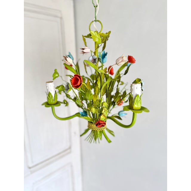 Mid-Century Floral Bouquet 3-Light Chandelier in Green Painted Tole Metal, 1960s For Sale - Image 6 of 16