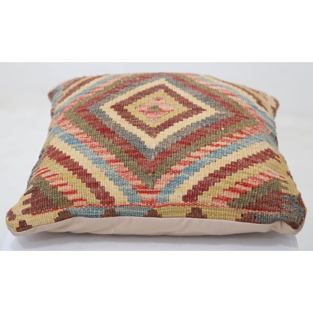 Tribal Arteverk Handwoven Afghan Kilim Pillow — Red & Blue Diamonds For Sale - Image 3 of 3