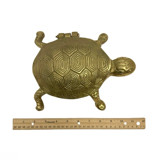 Metal Vintage Gold Tone Metal 8” Turtle Decorative Trinket Box W/Hinged Lid a-17. For Sale - Image 7 of 7