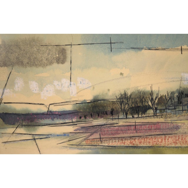 Mid Century Modern Farmhouse Landscape in Watercolor and Ink on Paper by Robin Gay McCline For Sale - Image 4 of 8