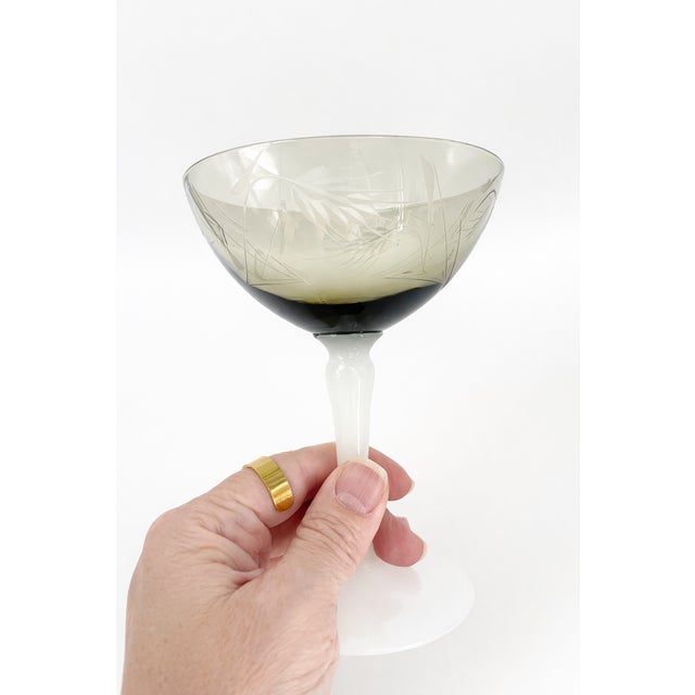 1930s Art Deco Opaline Champagne Coupes – Set of 6 Etched Smoke Glass Cocktail Glasses For Sale In Phoenix - Image 6 of 6