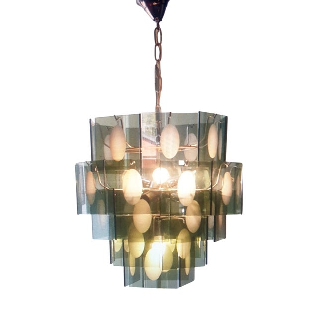 Mid-Century Chandelier with Frosted Glasplates and Relief For Sale