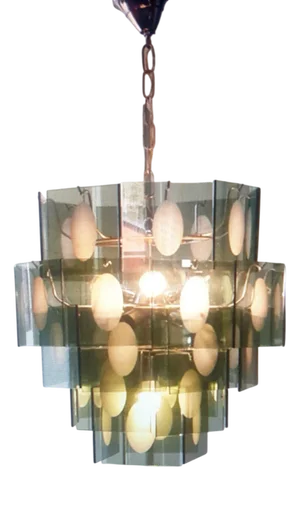 Mid-Century Chandelier with Frosted Glasplates and Relief
