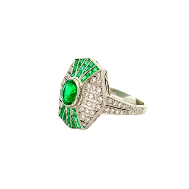 Early 21st Century Emerald Diamond Platinum Art-Deco Style Ring, Size 7.5 For Sale - Image 5 of 6