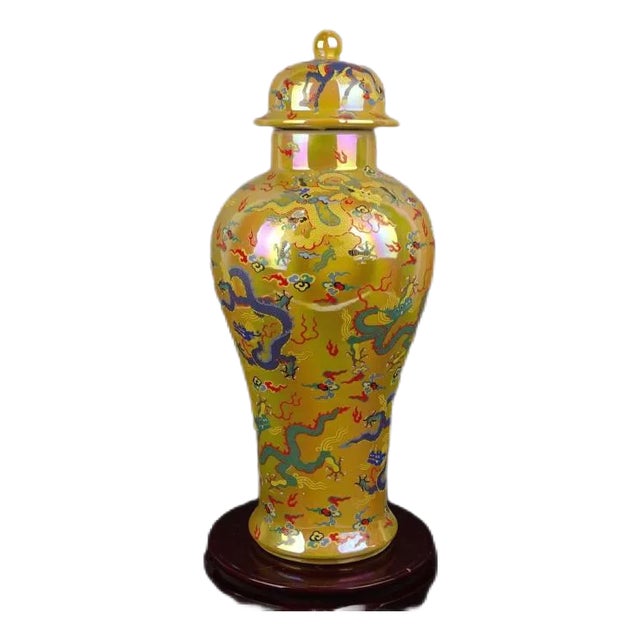Antique Chinese Ceramic Pot Qing Dynasty Kangxi Marked Yellow Ground Famille Rose Porcelain Ginger Jar Hand Painted Dragon Pattern For Sale