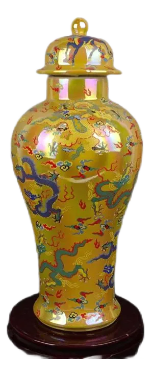 Antique Chinese Ceramic Pot Qing Dynasty Kangxi Marked Yellow Ground Famille Rose Porcelain Ginger Jar Hand Painted Dragon Pattern