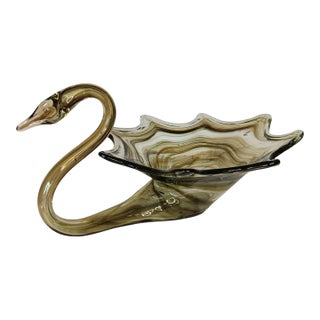 Large Art Glass Swan Vase Green Brown Swirl Handblown Mid-Century Modern Sooner Glass For Sale