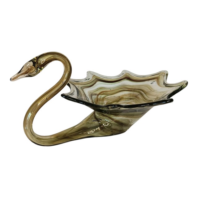 Large Art Glass Swan Vase Green Brown Swirl Handblown Mid-Century Modern Sooner Glass For Sale