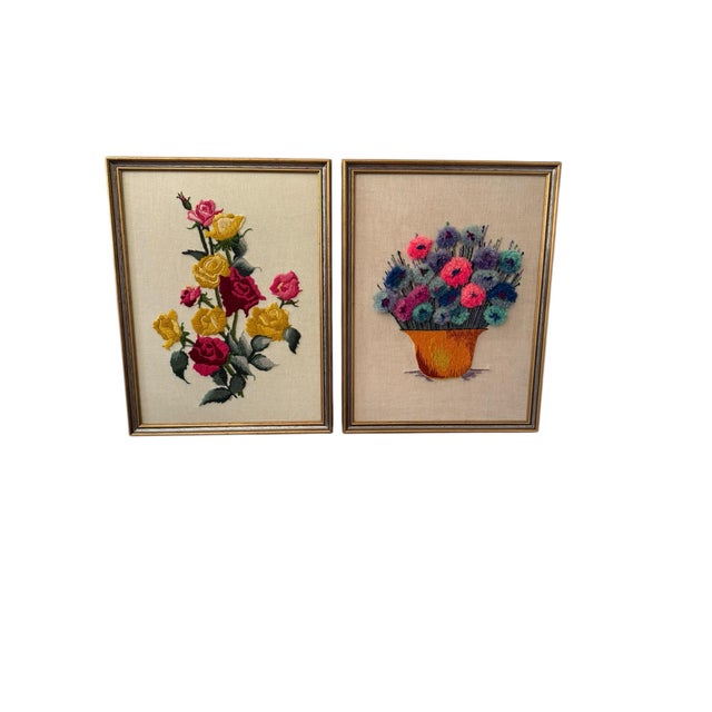 1970s Signed Textile Wall Art Embroidered Red Yellow Floral Gold Framed For Sale - Image 10 of 10