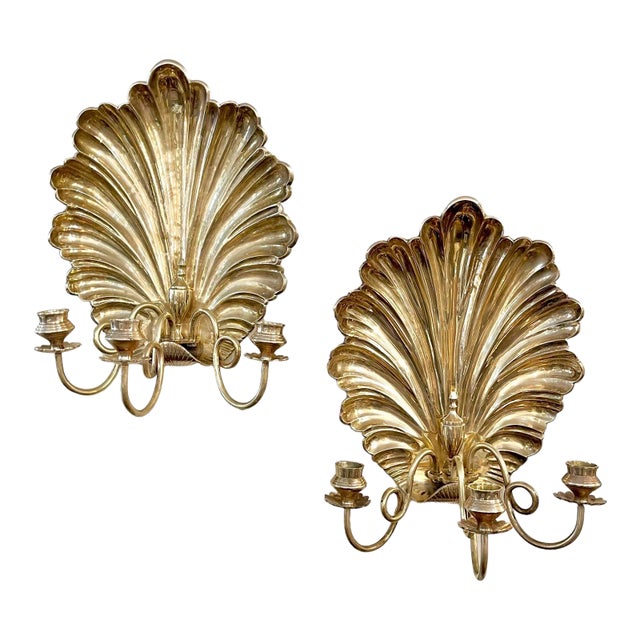 Pair Vintage Hollywood Regency Large Size Grotto Style Brass Shell Three Light Wall Sconces For Sale