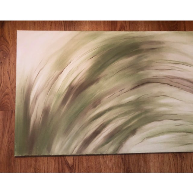 Signed sizable abstract featuring colors found in nature. Sawtooth hanger at each end as noted in photos. Not gallery...