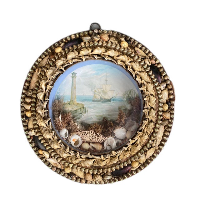 Shell Edwardian Shellwork Valentine Diorama of a Ship Passing Lighthouse For Sale - Image 7 of 18