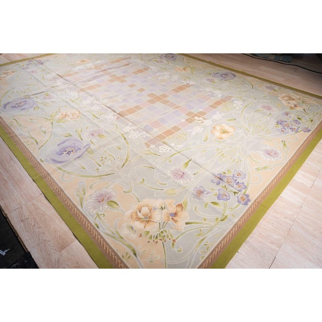 9x12 Vintage Aubusson Flat Weave Wool Rug, Light Blue Art Nouveau Floral For Sale - Image 11 of 15