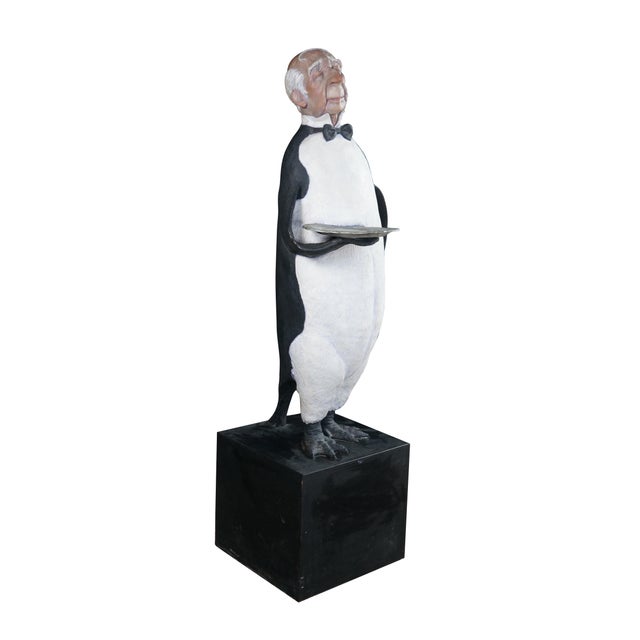Vintage Jack Dowd whimsical, life-size anthropomorphic penguin butler sculpture featuring a detailed, elderly face man,...