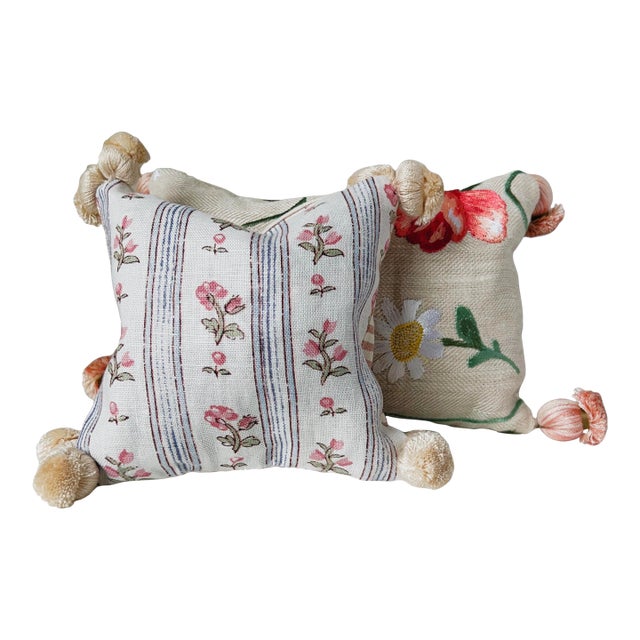 Artisanal Lavender‑Filled Decorative Pillows — Couture Fabrics & Trim (Schumacher, Nina Campbell, Samuel & Sons), Set of Two For Sale