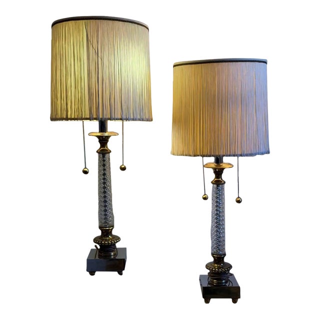 Vintage Attributed to Paul Hanson Hollywood Regency Crystal & Brass Table Lamps – Matching Pair For Sale