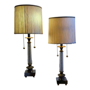 Vintage Attributed to Paul Hanson Hollywood Regency Crystal & Brass Table Lamps – Matching Pair