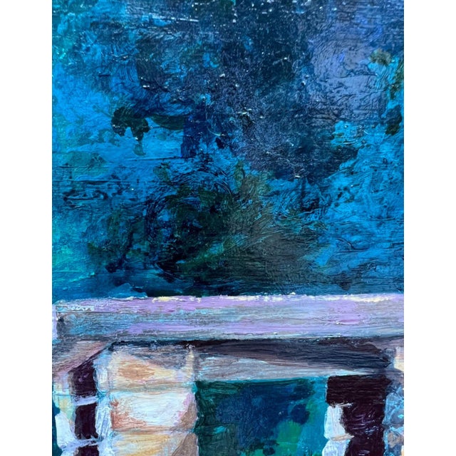 Teal 1980s Contemporary Framed Rooftop Landscape Acrylic Painting, Signed Strauss For Sale - Image 8 of 13