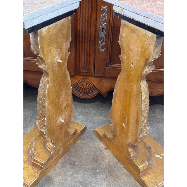 Pair of Carved Giltwood Pineapple Consoles With Marble Tops For Sale - Image 13 of 16