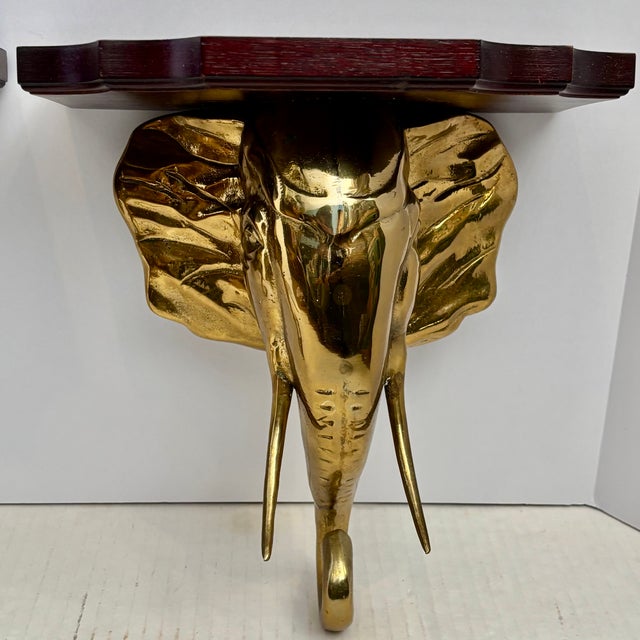 Brass Mid 20th Century Pair Hollywood Regency Style Elephant Head Motif Brass Wall Brackets For Sale - Image 8 of 14