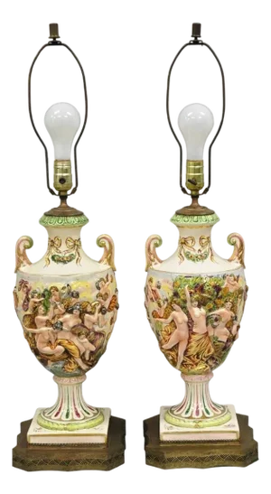 Antique Italian Capodimonte Ceramic Porcelain Figural Urn Table Lamps - A Pair