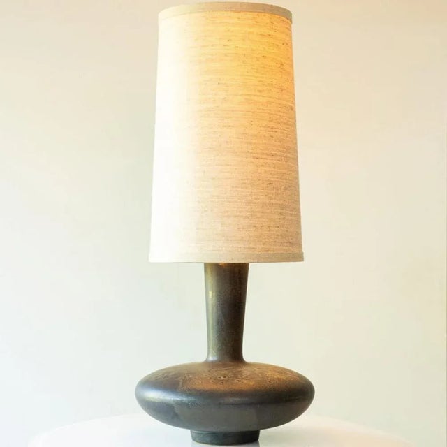 Dark Brown Ceramic Table Lamp with Silk Lampshade attributed to R. Houben, 1970s For Sale - Image 3 of 11