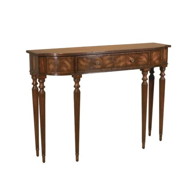 Aged Regency Finished Mahogany Sheraton Console Table Crotch Veneers Tapered Legs