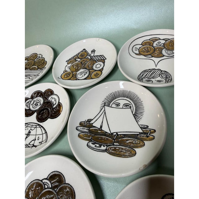 Off-white Piero Fornasetti Porcelain Coasters, Set of Eight - Commissioned by Bianca Unione Milan 1970 For Sale - Image 8 of 11