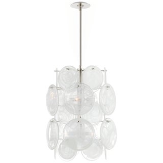 AERIN for Visual Comfort Signature Loire Medium Barrel Chandelier in Polished Nickel with White Strie Glass For Sale
