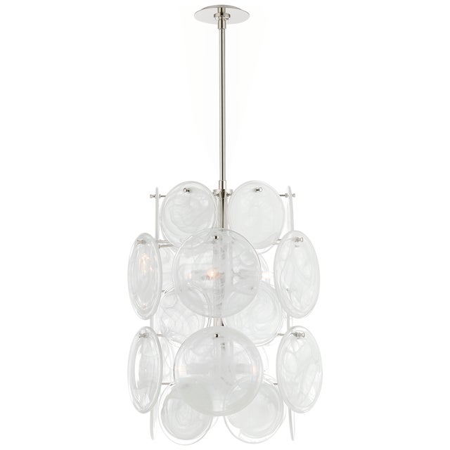 AERIN for Visual Comfort Signature Loire Medium Barrel Chandelier in Polished Nickel with White Strie Glass For Sale