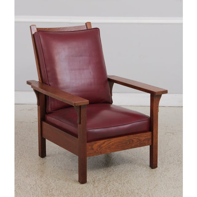 Mission Gustav Stickley Antique Mission Oak Burgundy Leather Reclining Morris Chair For Sale - Image 3 of 15
