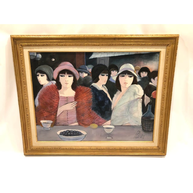 1980s Painting by Charles Levier of Fashionable French Women in Hats For Sale - Image 5 of 10