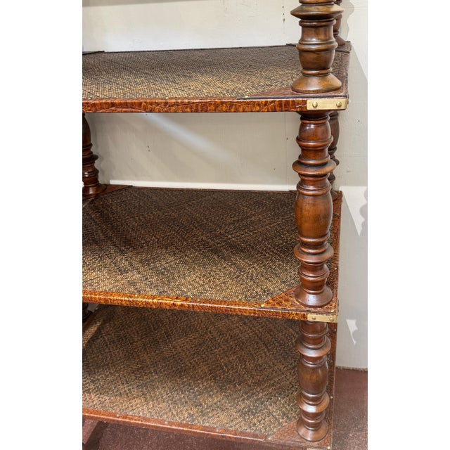 Pair of Four-Tier Anglo-Indian Leather, Brass & Rattan Étagères/ Shelves For Sale - Image 11 of 12