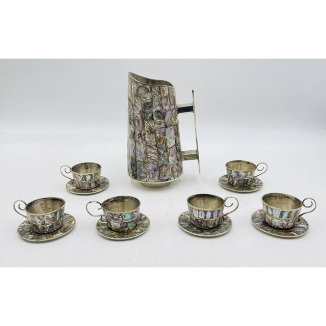 Emilia Castillo 1960s Mexican Alpaca Silver & Abalone Water Pitcher Set After Los Castillo For Sale - Image 4 of 13