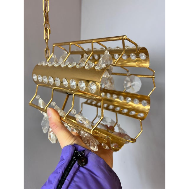 Metal Hanging Lamp in Brass and Crystals by Palwa For Sale - Image 7 of 11