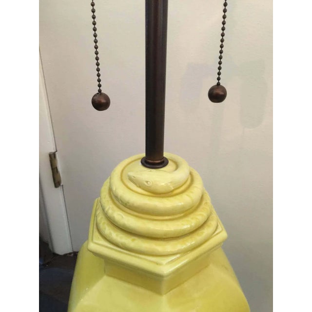 A beautiful shade of citron yellow with hexagonal brass base and hardware. Double sockets, newly rewired, silk cable....